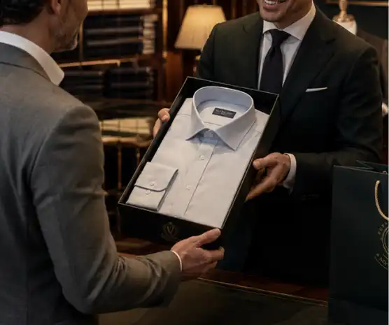 Finished bespoke shirt prepared for final delivery